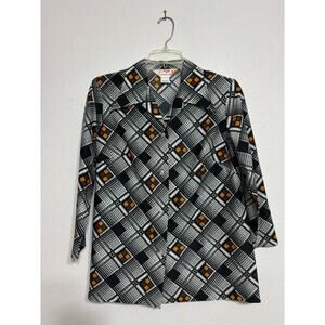 Vintage Sears Hawaii Women's 1970s Geometric Mod Pattern 3/4 Sleeve Top-Size M